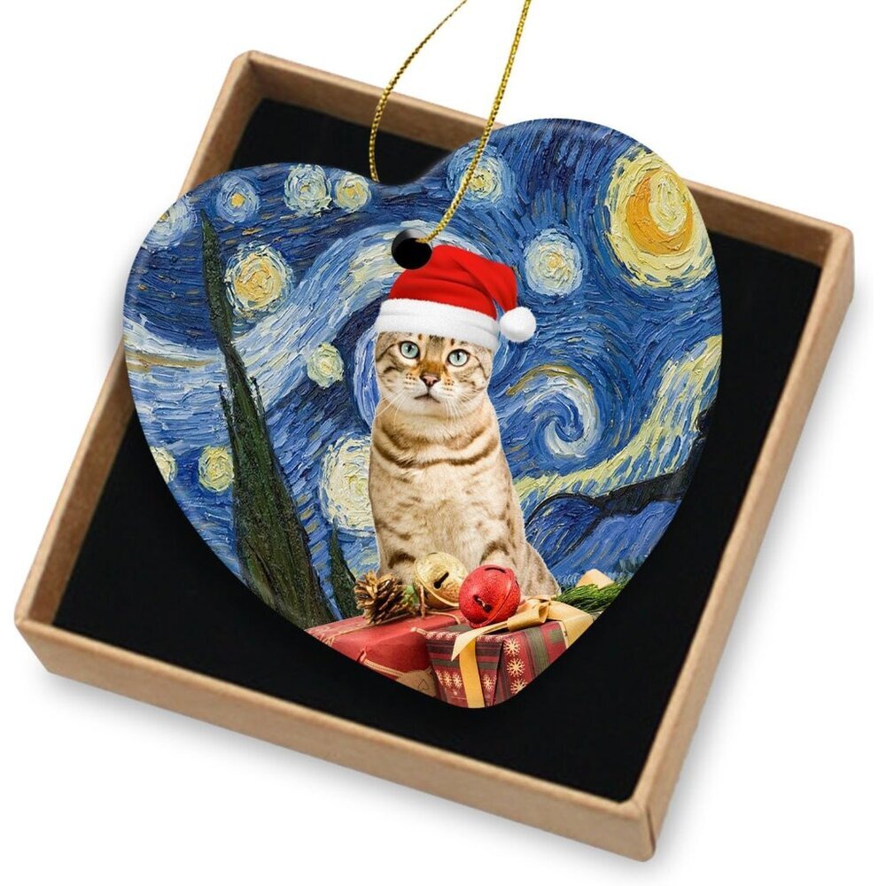 🆕 Christmas Ornament Decorations Ceramic Tree Bengal Cat Xmas Hat Lover Gifts